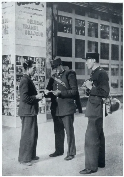 Framed Print : Man shows identity papers to gendarmes, September 1939 Framed Print : Man shows identity papers to gendarmes, September 1939