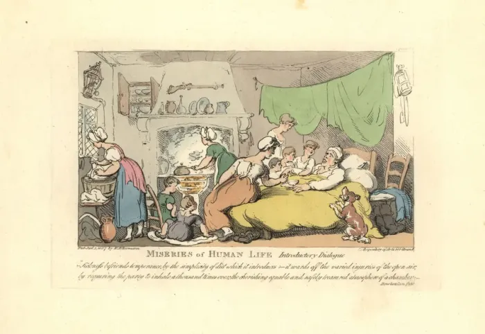 Framed Print : Man in his sick bed surrounded by doting wife, children Framed Print : Man in his sick bed surrounded by doting wife, children