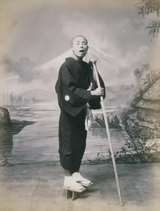 Framed Print : Man with staff, wearing geta, studio portrait Framed Print : Man with staff, wearing geta, studio portrait