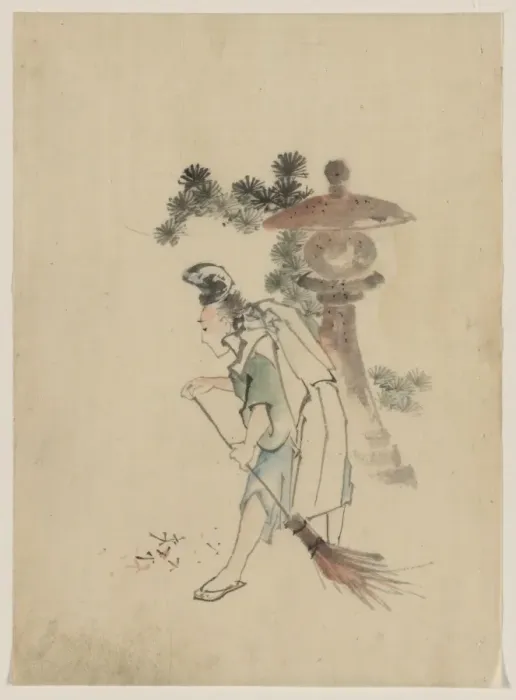 Framed Print : A man sweeping pine needles that have fallen from a tree nea Framed Print : A man sweeping pine needles that have fallen from a tree nea