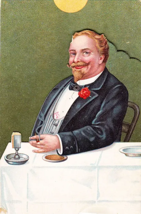 Framed Print : Man at a table on a comic greetings card Framed Print : Man at a table on a comic greetings card