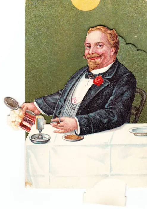 Framed Print : Man at a table on a comic greetings card Framed Print : Man at a table on a comic greetings card
