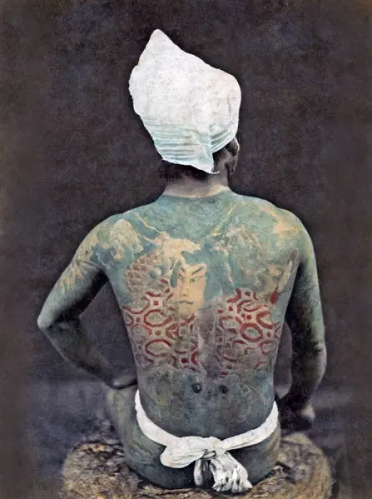 Framed Print : Man with tattooed back, Japan, circa 1880s Framed Print : Man with tattooed back, Japan, circa 1880s