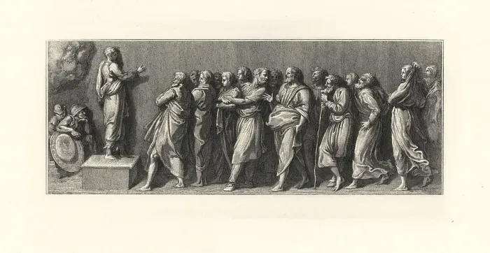 Framed Print : A man in a toga speaking in front of a crowd Framed Print : A man in a toga speaking in front of a crowd