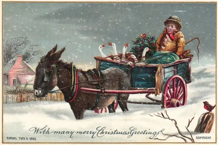Framed Print : Man transporting six geese on a Christmas card Framed Print : Man transporting six geese on a Christmas card