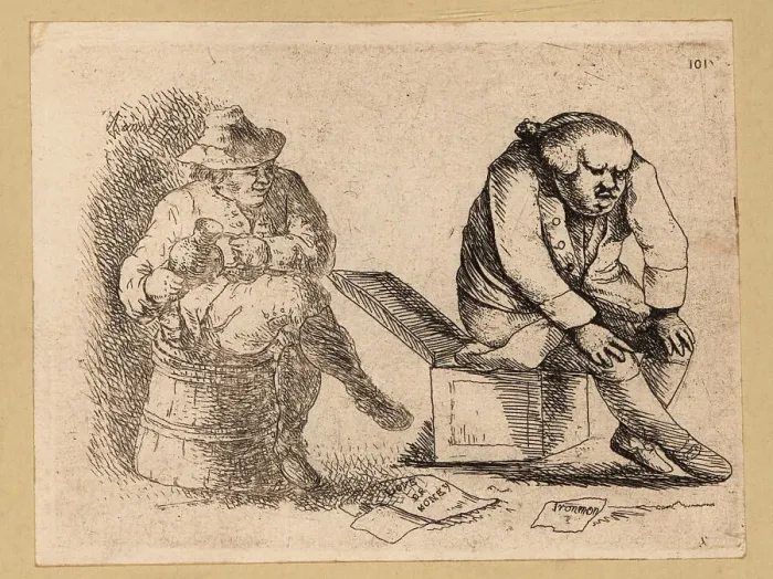 Framed Print : Man with his trousers down defecating on a toilet, 18th century Framed Print : Man with his trousers down defecating on a toilet, 18th century