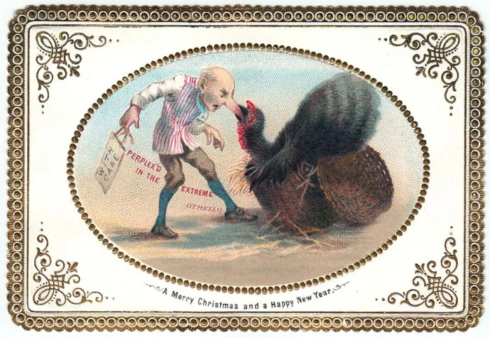 Framed Print : Man with a turkey on a comic Christmas and New Year card Framed Print : Man with a turkey on a comic Christmas and New Year card