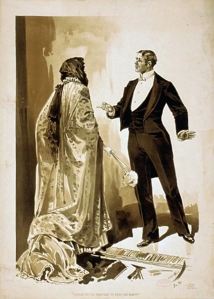 Man in tuxedo questioning woman in cloak & gloves