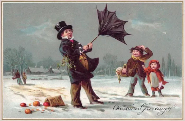 Framed Print : Man with umbrella in the snow on a Christmas card