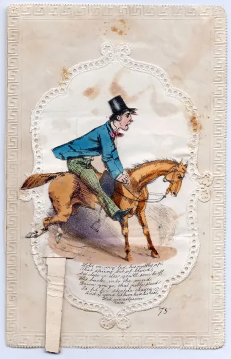 Framed Print : Man on an unruly horse on a comic greetings card Framed Print : Man on an unruly horse on a comic greetings card