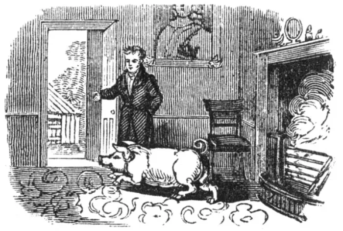Framed Print : Man ushering a pig out of his house, c. 1800 Framed Print : Man ushering a pig out of his house, c. 1800