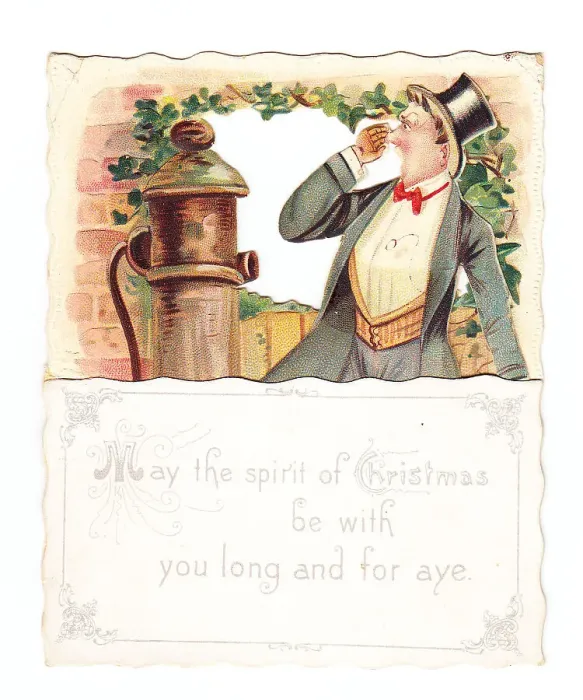 Framed Print : Man with water pump on a comic Christmas card Framed Print : Man with water pump on a comic Christmas card