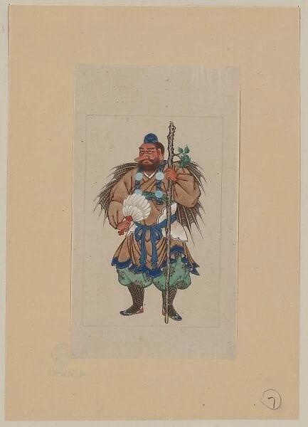Man wearing ceremonial costume, carrying a long staff (possi