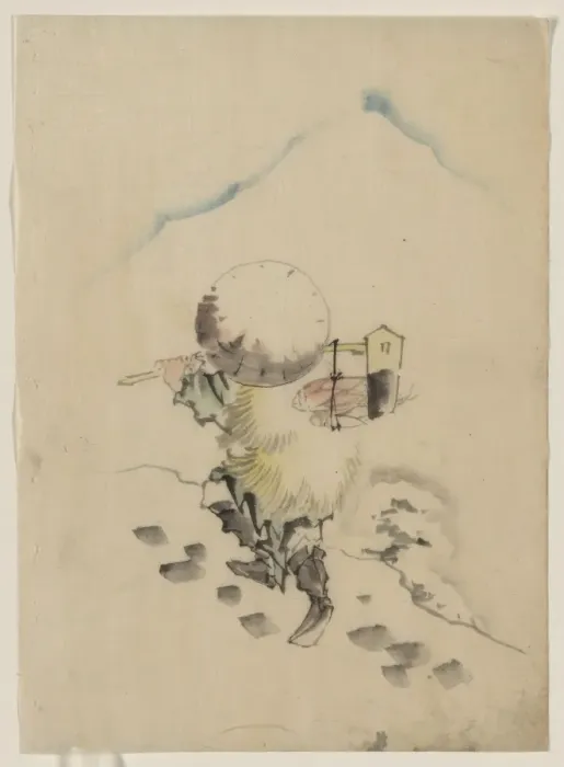 Framed Print : A man, wearing a conical hat, a straw or feather outer garme Framed Print : A man, wearing a conical hat, a straw or feather outer garme