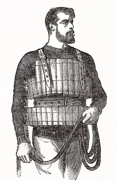 Man wearing lifebelt around body, designed by Admiral J. R Ward in 1854. Date: 1881