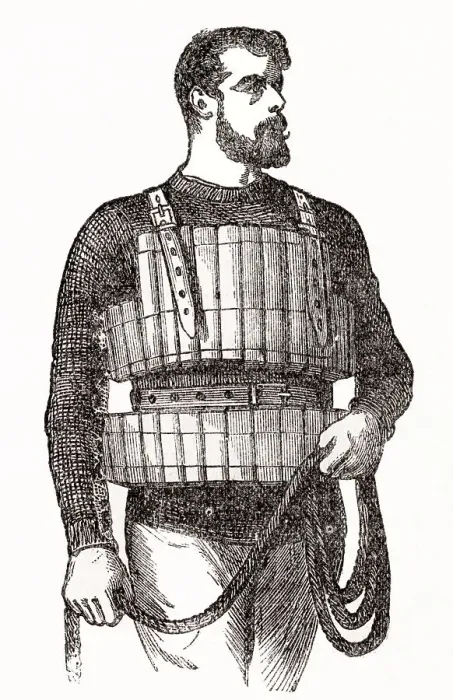 Framed Print : Man wearing lifebelt around body, designed by Admiral J. R Ward in 1854. Date: 1881 Framed Print : Man wearing lifebelt around body, designed by Admiral J. R Ward in 1854. Date: 1881