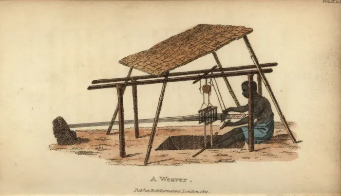 Framed Print : Man weaving cotton on a loom, Senegambia, 18th century Framed Print : Man weaving cotton on a loom, Senegambia, 18th century