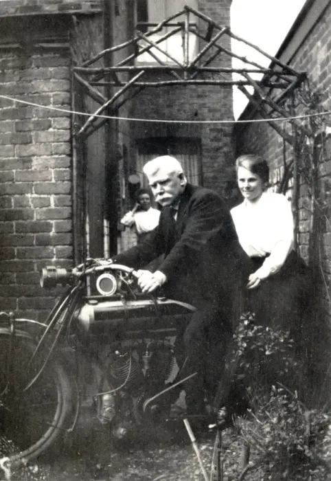 Framed Print : Man & woman on 1913 Matchless motorcycle Framed Print : Man & woman on 1913 Matchless motorcycle