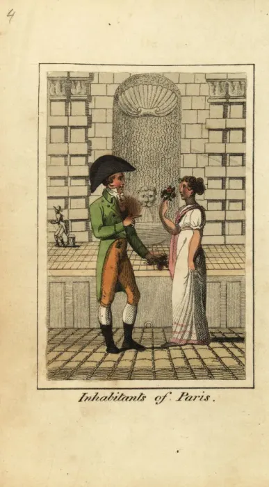 Framed Print : Man and woman of Paris standing in front of a fountain, 1818 Framed Print : Man and woman of Paris standing in front of a fountain, 1818