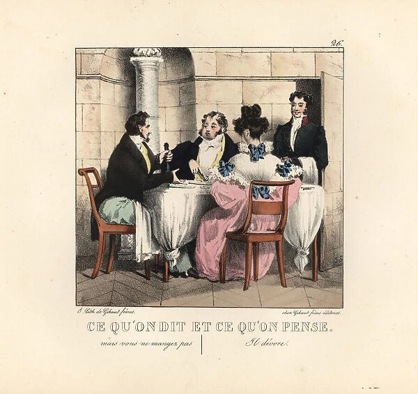Man and woman in a restaurant with a glutton, 19th century