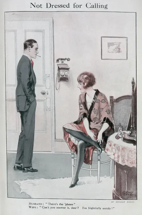 Framed Print : Man and woman by a telephone, in a dressing room, woman in dressing gown. Captioned, Not Dressed for Calling'. With quotation. Husband: There's the phone Wife: Can't you answer it, dear Framed Print : Man and woman by a telephone, in a dressing room, woman in dressing gown. Captioned, Not Dressed for Calling'. With quotation. Husband: There's the phone Wife: Can't you answer it, dear