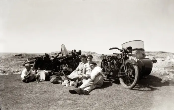 Framed Print : Man with women beside their 1924 Coventry Eagle motorcycles Framed Print : Man with women beside their 1924 Coventry Eagle motorcycles