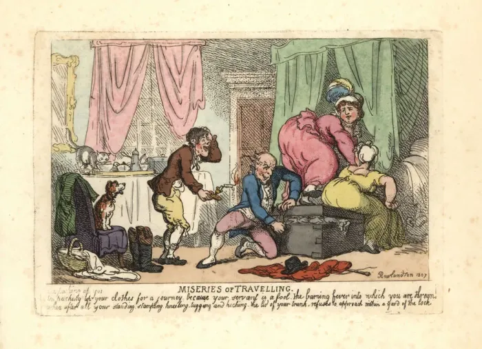 Framed Print : Man and two women failing to close a packed trunk Framed Print : Man and two women failing to close a packed trunk