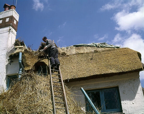 Man at work thatching a roof, Devon