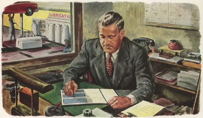 Framed Print : Man Writes Check Date: 1948 Framed Print : Man Writes Check Date: 1948