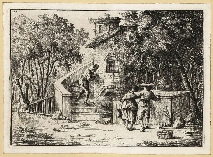 Framed Print : Man writing graffiti on a tower wall from a staircase, 17th cent Framed Print : Man writing graffiti on a tower wall from a staircase, 17th cent