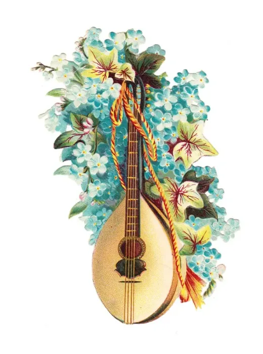 Framed Print : Mandolin with blue flowers on a Victorian scrap Framed Print : Mandolin with blue flowers on a Victorian scrap