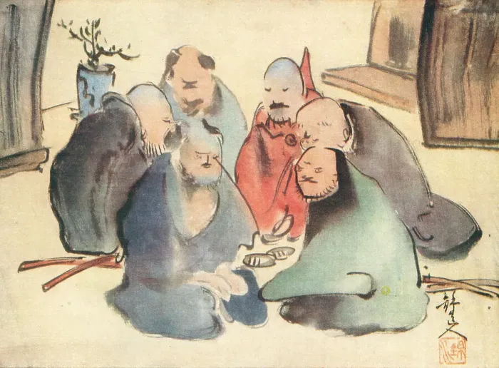 Framed Print : Mangwa. A group portrait painting of a private council consisting of six Framed Print : Mangwa. A group portrait painting of a private council consisting of six