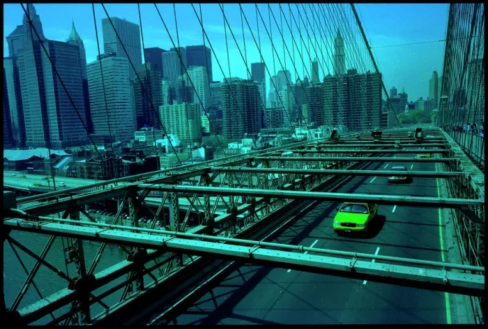 Framed Print : Manhattan skyline from Brooklyn Bridge with yellow cab Framed Print : Manhattan skyline from Brooklyn Bridge with yellow cab