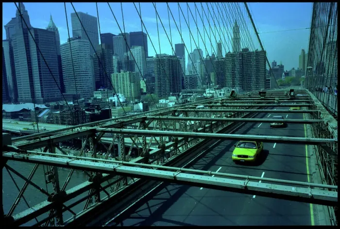 Framed Print : Manhattan skyline from Brooklyn Bridge with yellow cab, USA Framed Print : Manhattan skyline from Brooklyn Bridge with yellow cab, USA