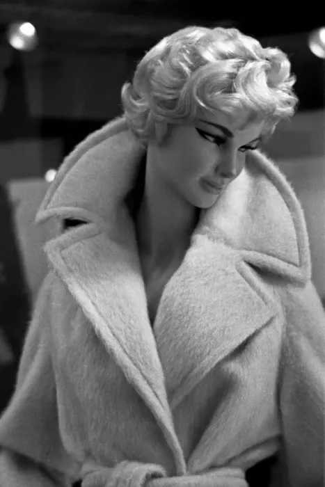Framed Print : Mannequin modelling coat in window display, London Framed Print : Mannequin modelling coat in window display, London