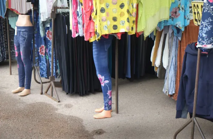 Framed Print : Mannequins with blue jeans on a clothes stall, Ludlow Market Framed Print : Mannequins with blue jeans on a clothes stall, Ludlow Market
