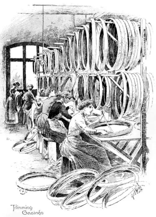 Framed Print : Manufacture of Dunlop tyres, 1896: trimming the casings Framed Print : Manufacture of Dunlop tyres, 1896: trimming the casings