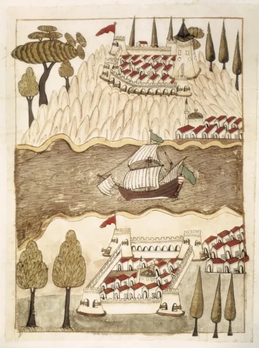 Framed Print : Manuscript Cicogna (1671). Istanbul. Two castles Framed Print : Manuscript Cicogna (1671). Istanbul. Two castles