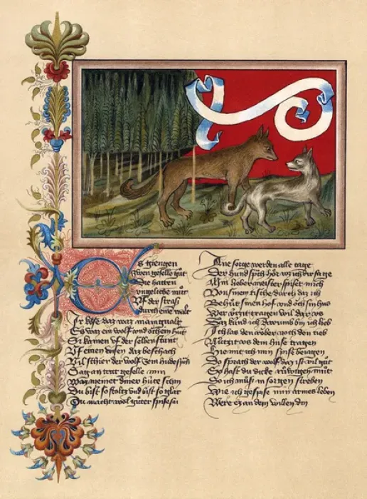 Framed Print : Manuscript with story about a dog and a wolf Framed Print : Manuscript with story about a dog and a wolf