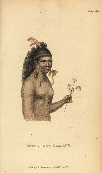 Maori girl with feather in her hair and long earrings