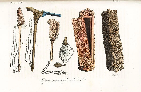 Maori tools and weapons with elaborate carving