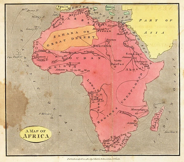 Map of Africa, 1820. Showing Morocco, Barbary