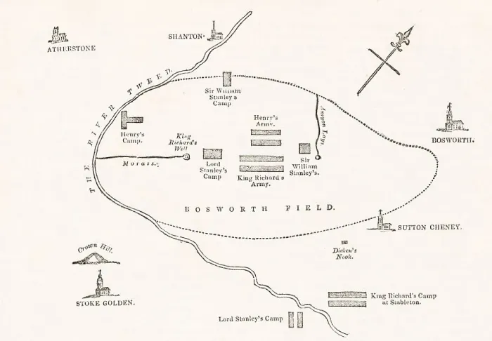 Framed Print : Map of Bosworth Field, Leicestershire, showing the positions of the opposing armies of King Richard III and Henry Tudor in the Battle of Bosworth (22 August 1485). Date: 1485 Framed Print : Map of Bosworth Field, Leicestershire, showing the positions of the opposing armies of King Richard III and Henry Tudor in the Battle of Bosworth (22 August 1485). Date: 1485