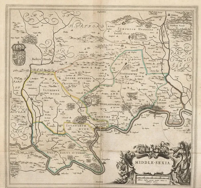 Framed Print : Map of the city of London and county of Middlesex, circa 1600 Framed Print : Map of the city of London and county of Middlesex, circa 1600