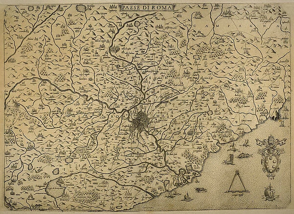 Map of city of Rome. Italian engraving. 16th century