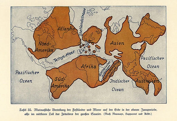 Map of the continents and seas in the Upper Jurassic era