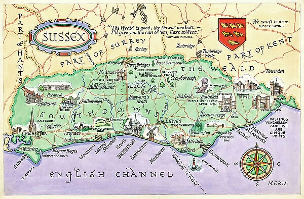 Map English Channel Postcard England Watercolour