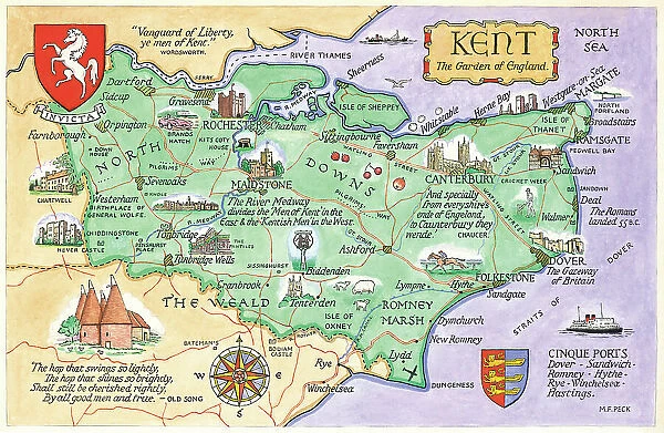 Map Kent Postcard England Watercolour painting