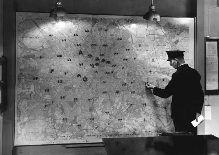 Framed Print : Map of London with fire stations marked, Lambeth HQ Framed Print : Map of London with fire stations marked, Lambeth HQ