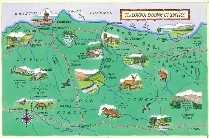 Framed Print : Map - The Lorna Doone Country Framed Print : Map - The Lorna Doone Country